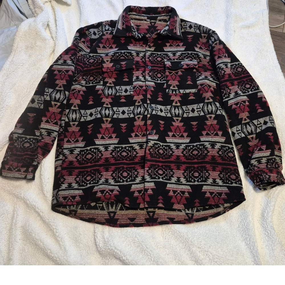 Southwestern Geometric Knit Shacket Mens 2XL Black Burgundy White Retro
